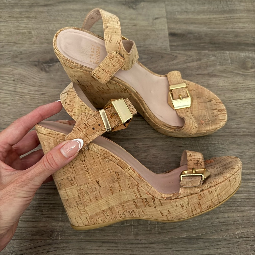 Stuart Weitzman Tan Wedge Sandals with Cork Heel